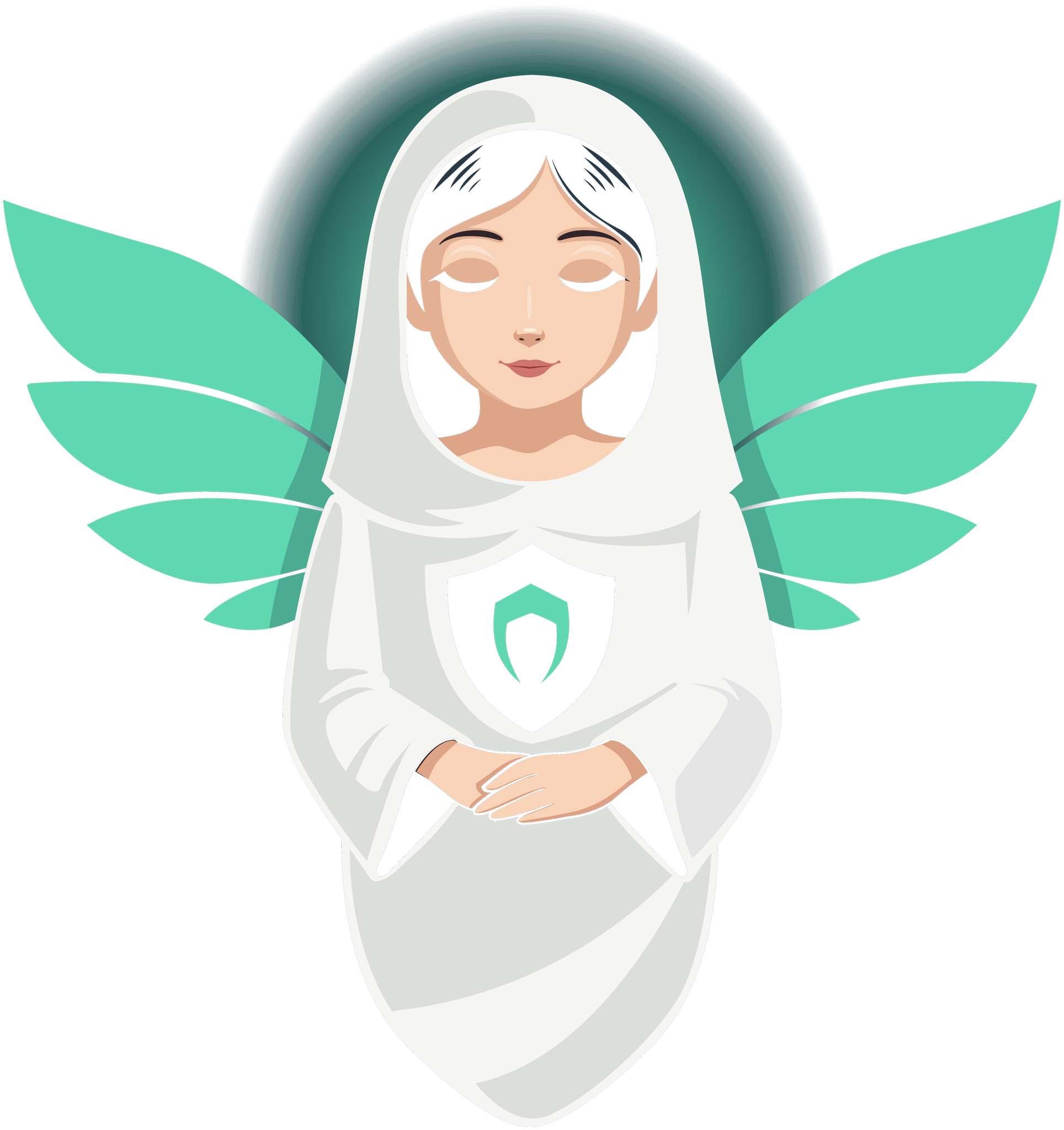 DeBrah, MiAngel's AI companion with emerald wings and a shield emblem
